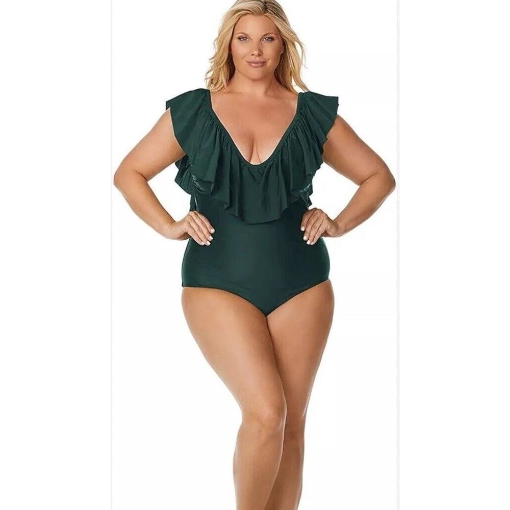 Raisins Plus Size 20 W Swimsuit Ruffle Neck One Piece V-Neck Ties In Bac…